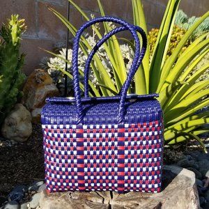 Basket style Blue, White and Red Plastic Woven Tote